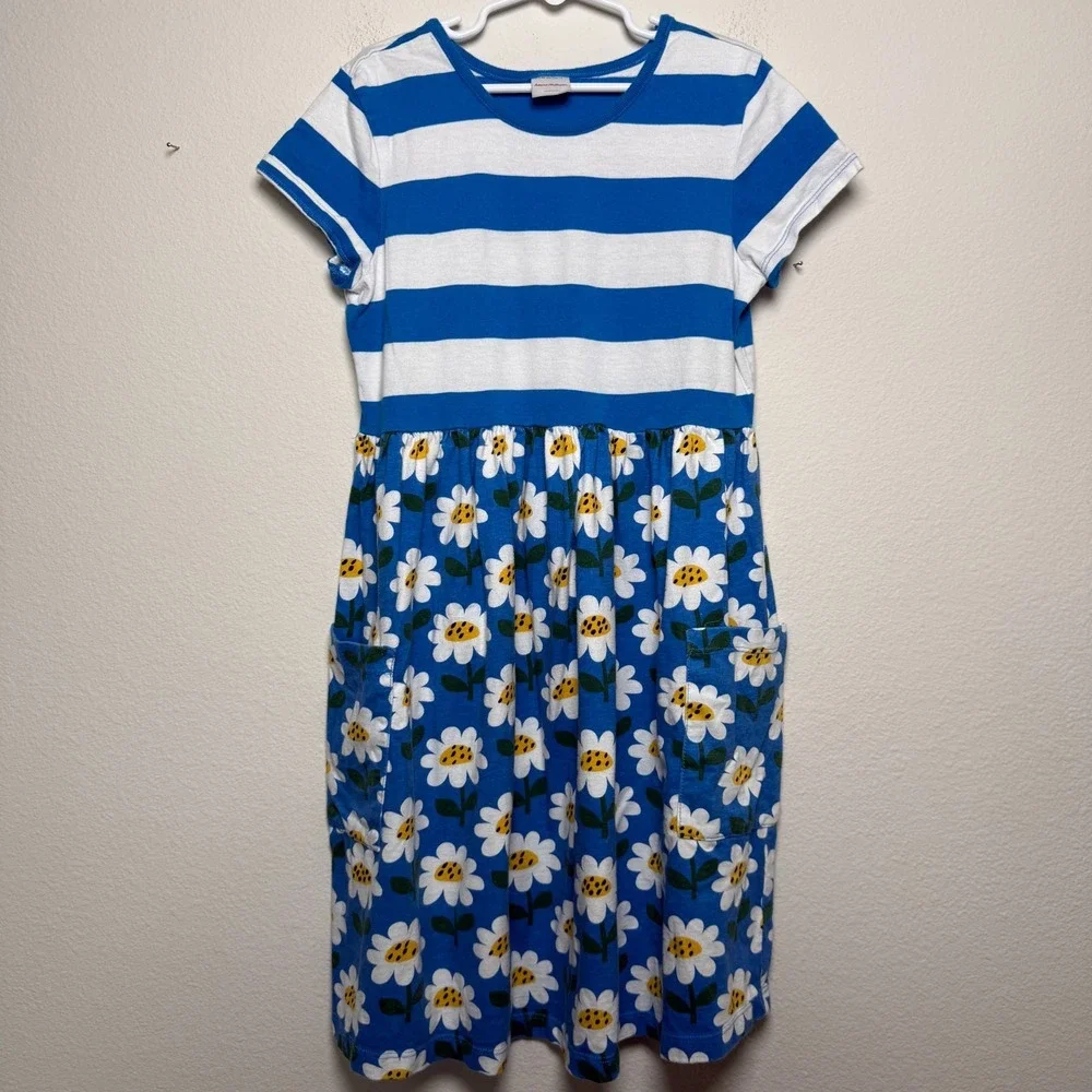 Hanna‎ Andersson Mixie Dress 10 Daisy Blue White Stripe Patchwork  Pockets 140cm